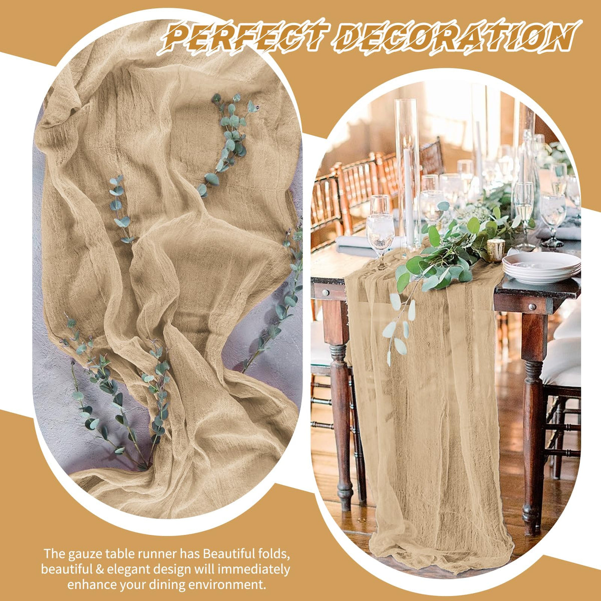 Beautane beige gauze runner complements garden or farmhouse home decor.
