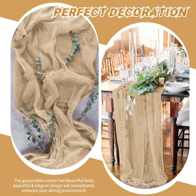 Beautane beige gauze runner complements garden or farmhouse home decor.