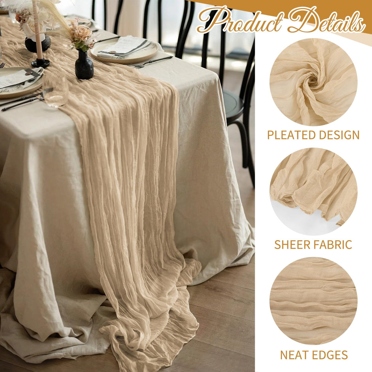 Beautane wedding table runner beige drapes gracefully for rustic ambiance.