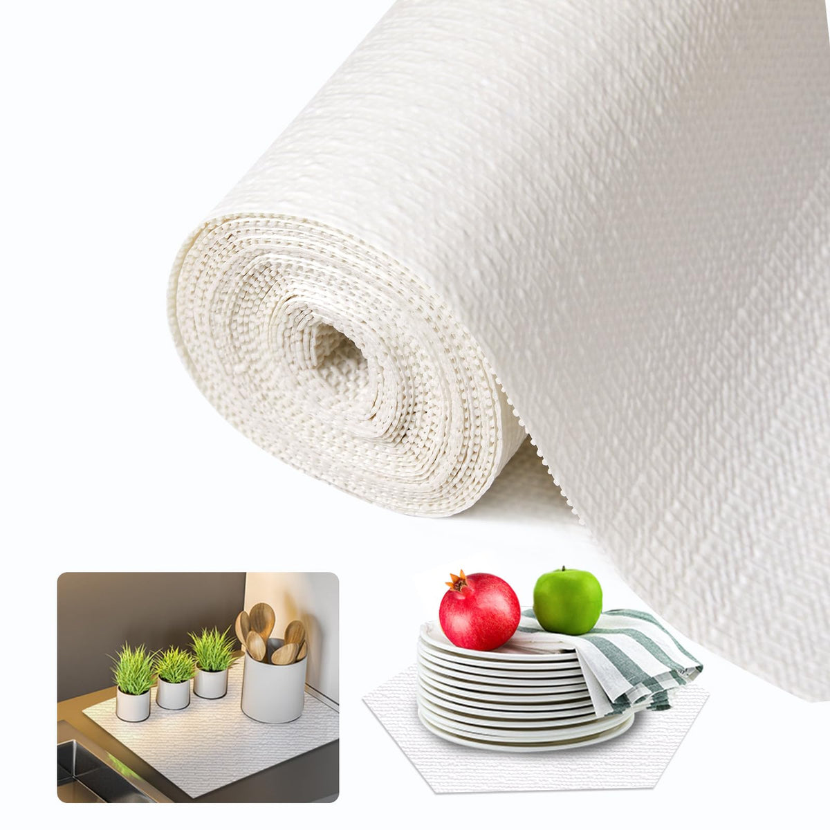 Beautysaid shelf liner in white with non-slip surface keeps items in place.