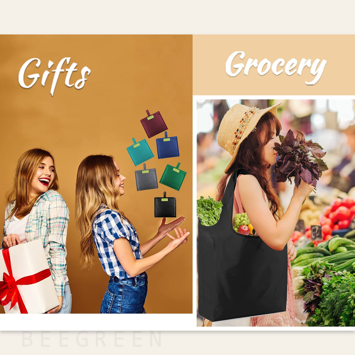 BeeGreen reusable grocery bags six-color set keeps groceries organized.
