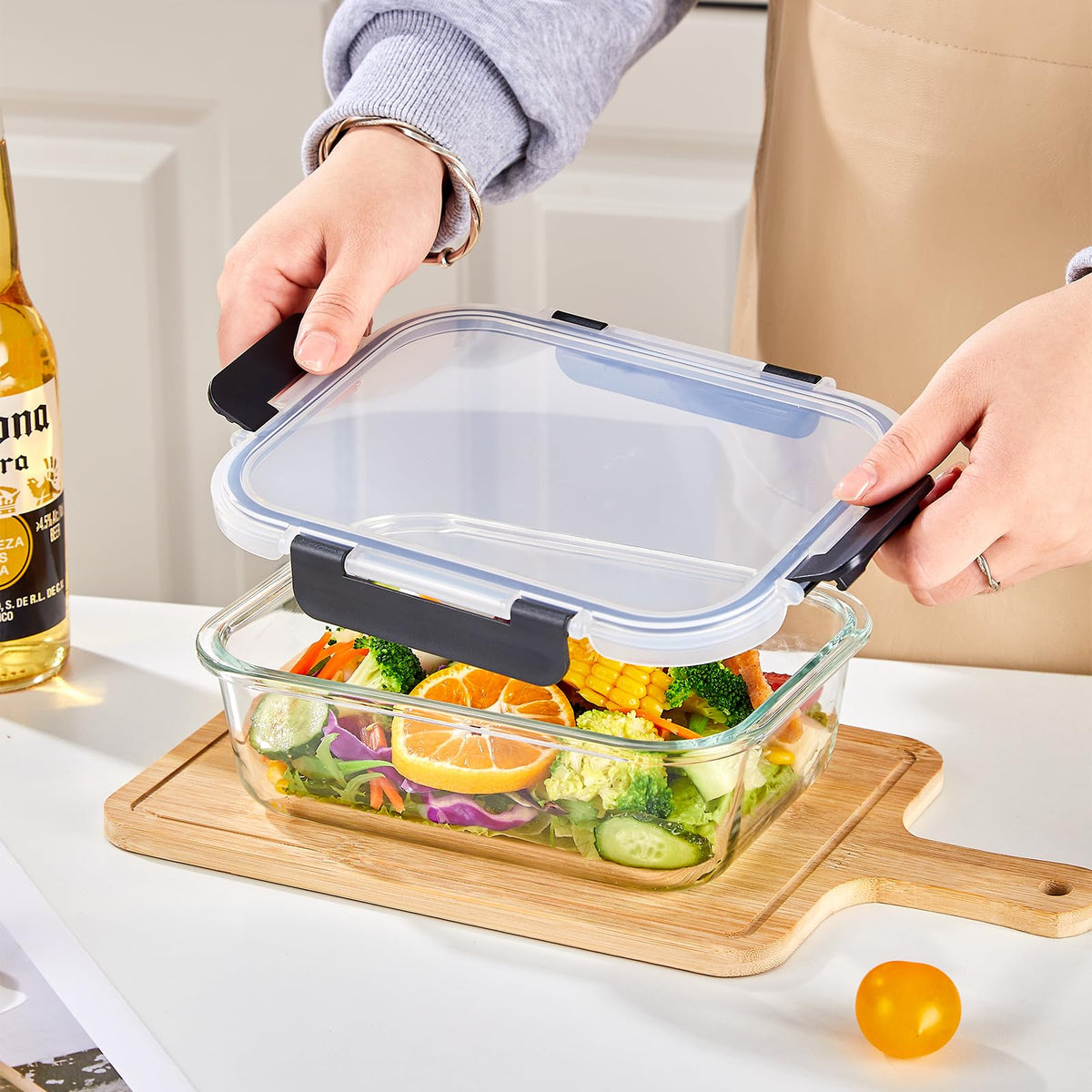 Belgol 36oz borosilicate glass stored in fridge for safe freezing and odor resistance.