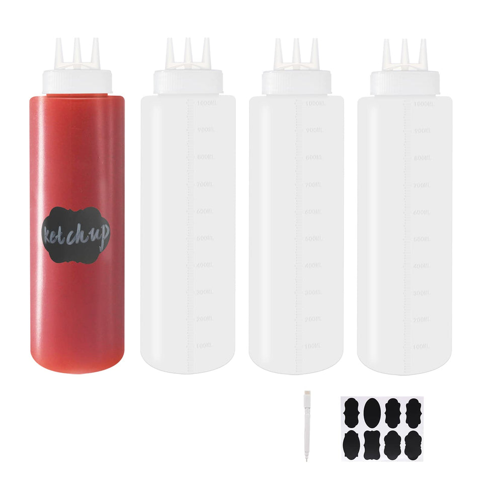 Belinlen 32oz three-hole squeeze bottles set for versatile kitchen and craft use.