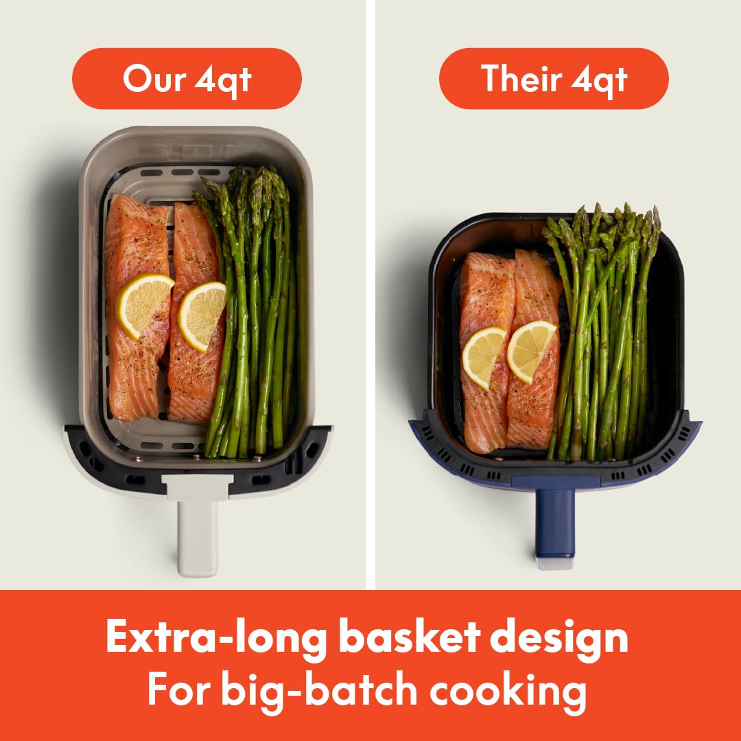 Bella 4Qt Slim Air Fryer slim side view highlights space-saving appeal.