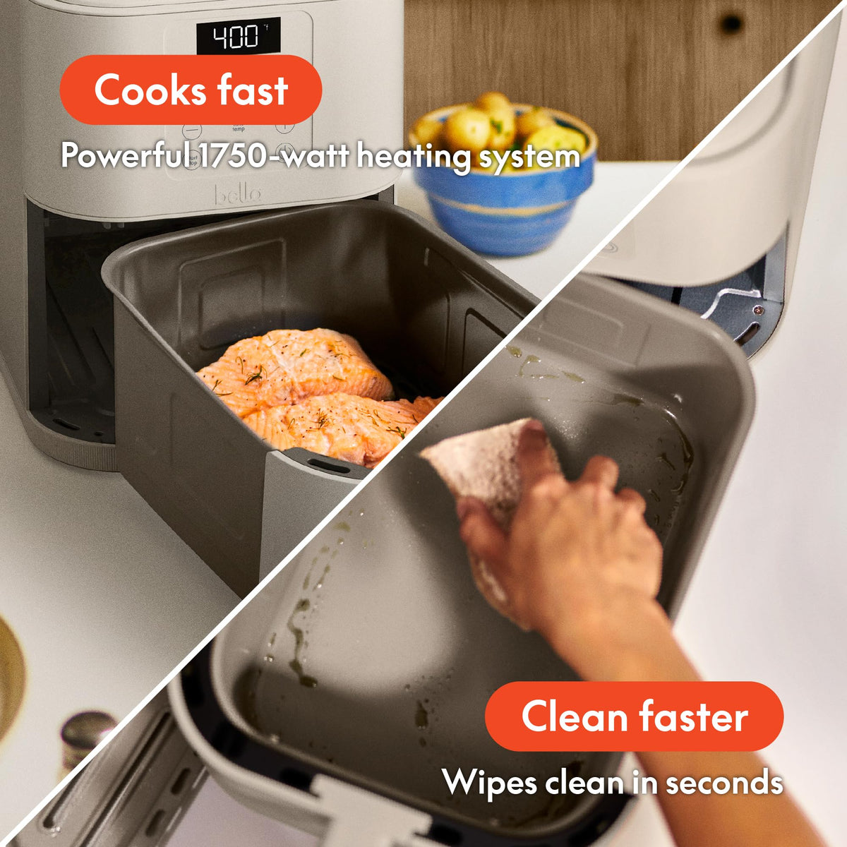 BELLA 6 Qt Slim Air Fryer basket capacity 5 lb for family meals.