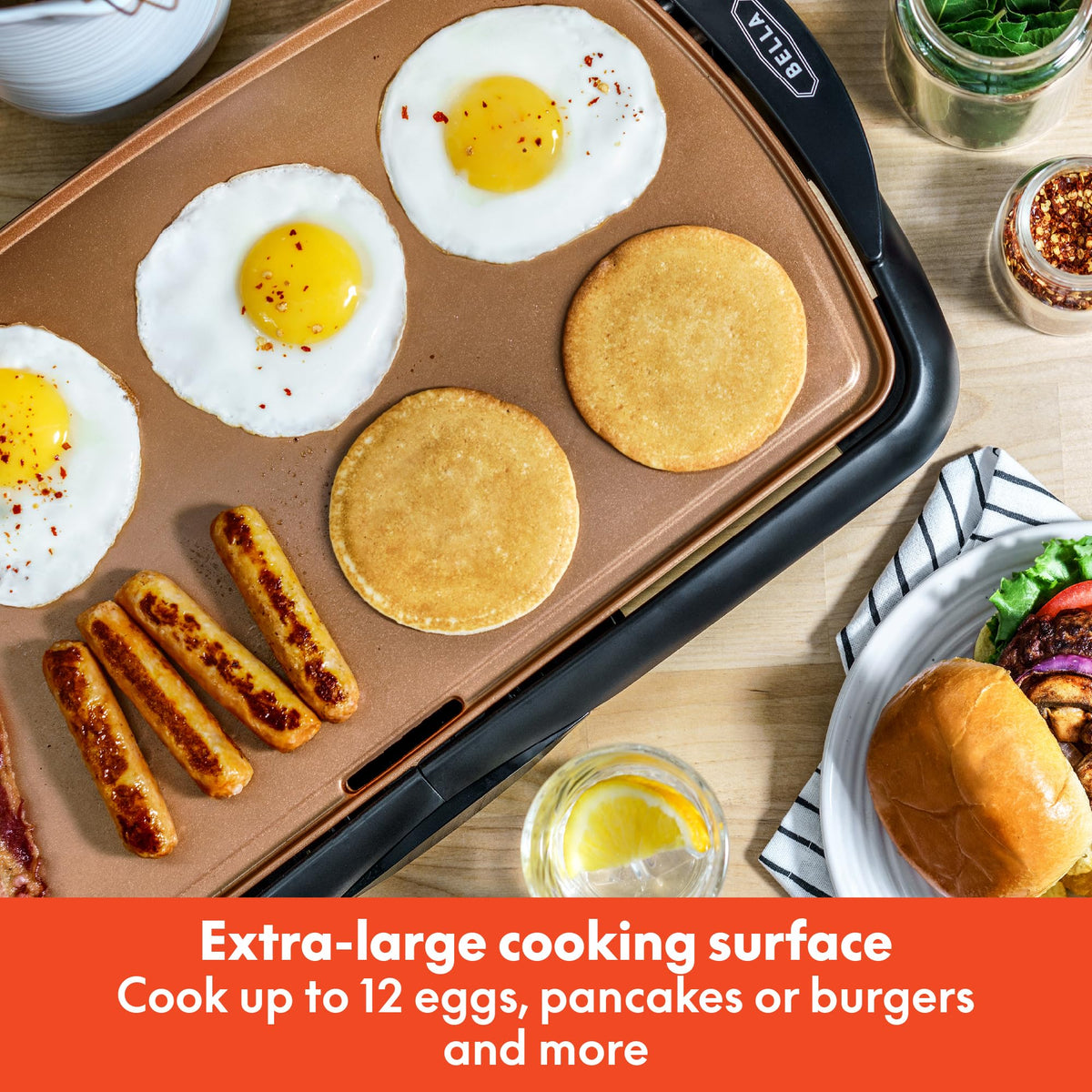 BELLA griddle with ledge backstop supports easy pancake flipping