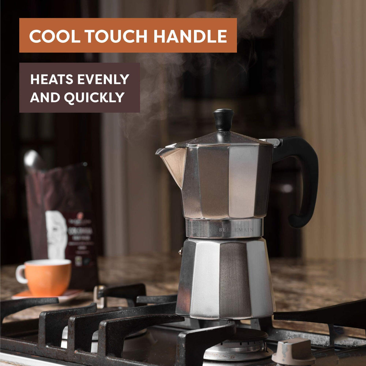 Bellemain minimalist finish on a silver moka pot for modern kitchens