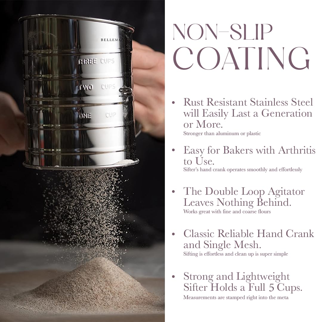 Bellemain sifter with ergonomic handle supports comfortable one-handed operation.