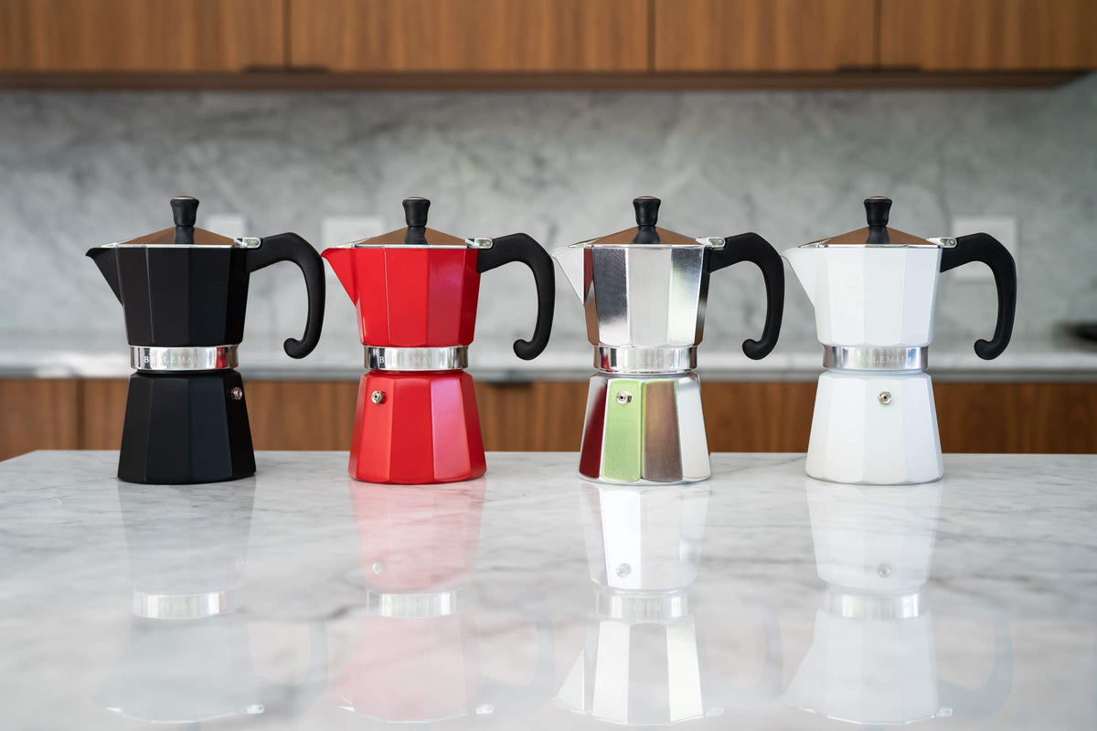 Bellemain moka pot front view highlights even heating and compact design