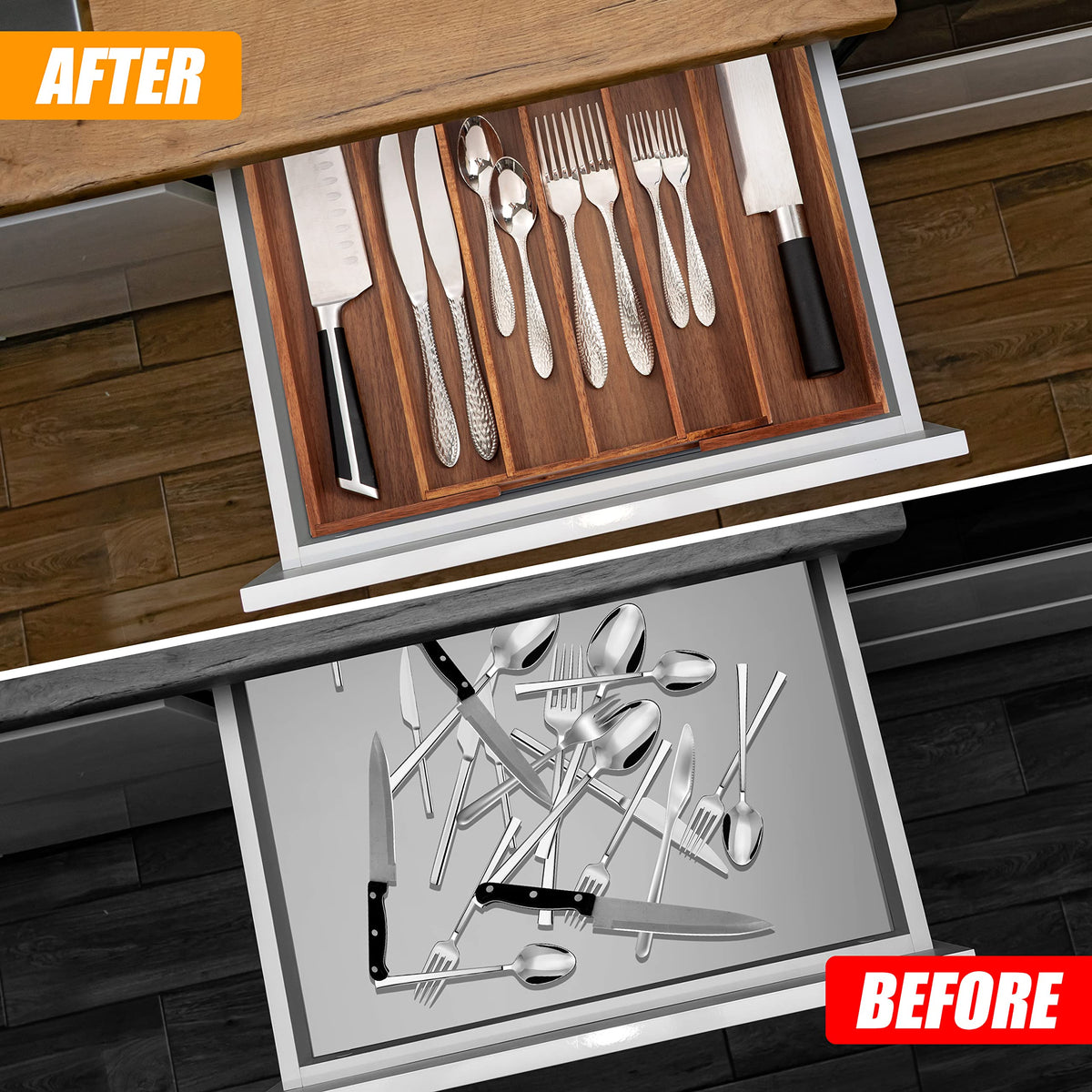 Bellsal Acacia silverware organizer shows 5-7 compartments for easy access to cutlery.