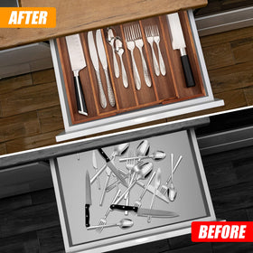 Bellsal Acacia silverware organizer shows 5-7 compartments for easy access to cutlery.