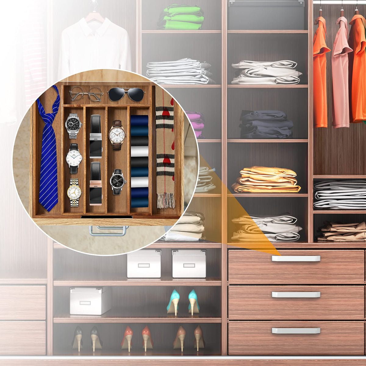 Bellsal Acacia expandable organizer fits drawers from 10 to 15 inches.