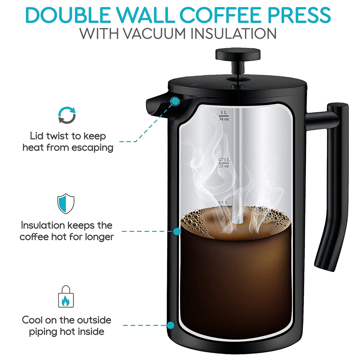 Belwares French Press 34 Oz view of 304 stainless steel construction for durability.