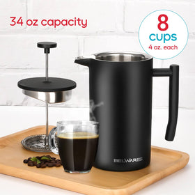 Belwares French Press 34 Oz insulated body close up showing heat retention during brewing.