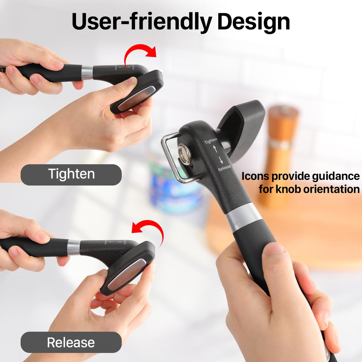 Beneno can opener enables safe lid removal with smooth-edge cutting.