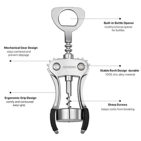 Beneno corkscrew featuring precision gears for centered cork extraction.