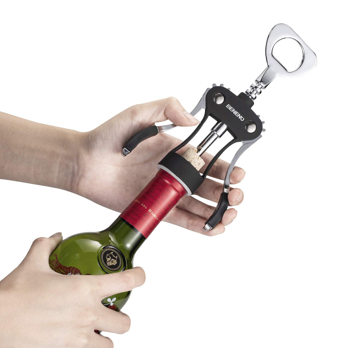 Beneno wine opener all-in-one design demonstrated for corks and caps.