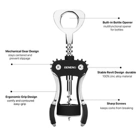 Beneno wine opener mechanical gear keeps cork centered for smooth extraction.