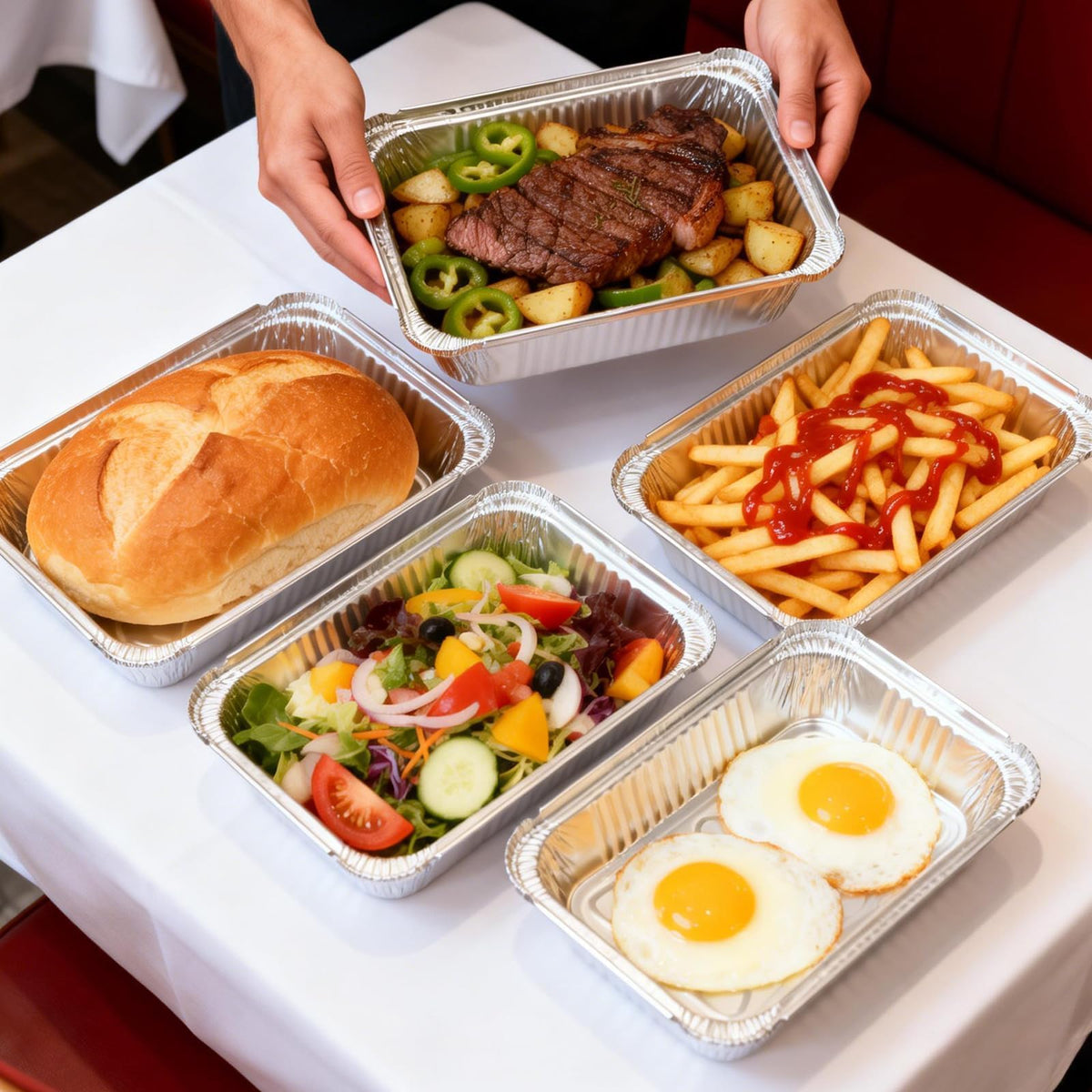 Benestanti multipurpose containers suit soups, salads, and baked goods.