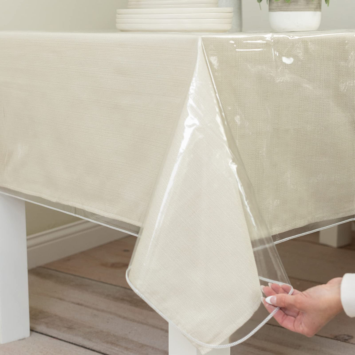 Benson Mills heavy-duty tablecloth crystal clear protects tabletops from spills.