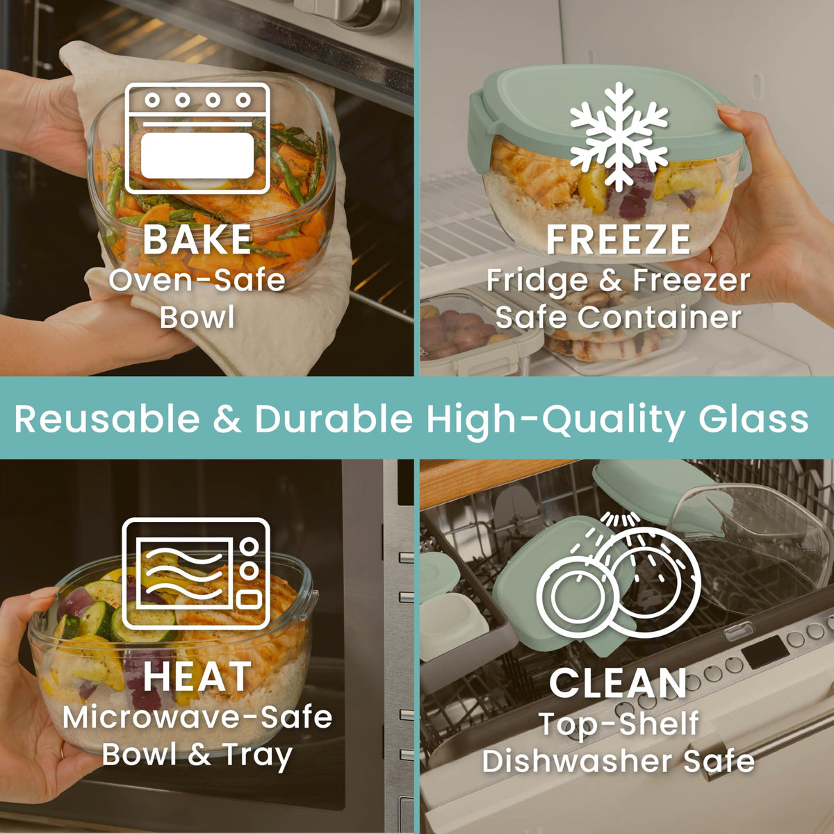 The microwave-safe glass bowl supports hot or cold meals with ease.