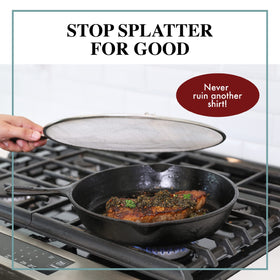 Easy to lift off heat and reposition BergKoch splatter screen during cooking