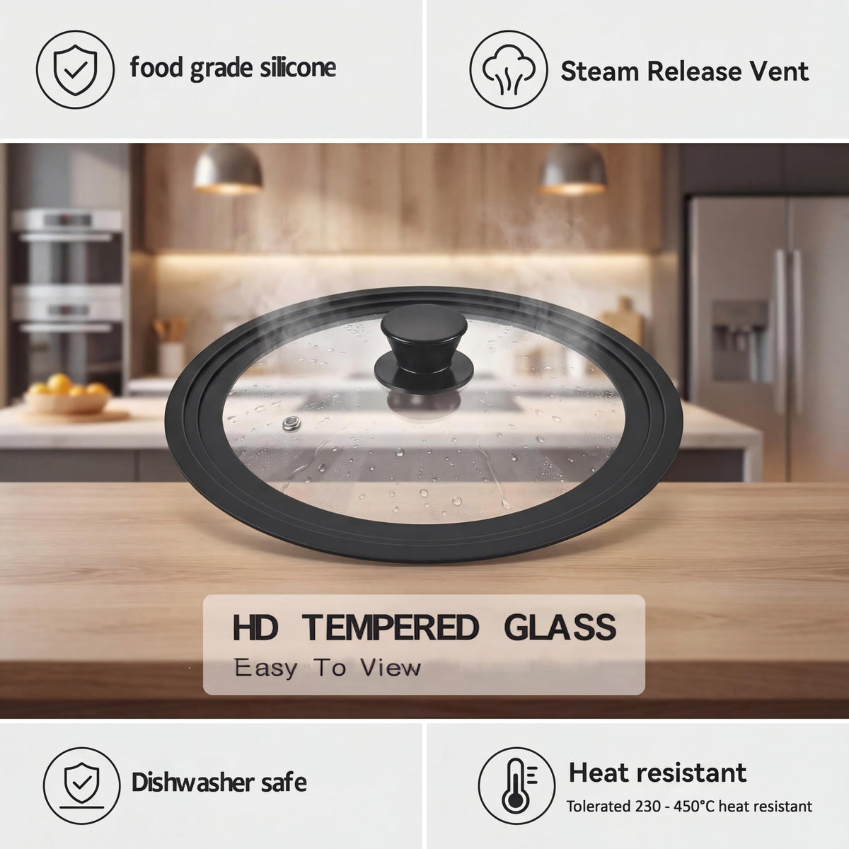 BERHT universal lid on a 13-inch skillet, perfect for stir-fries and frying.