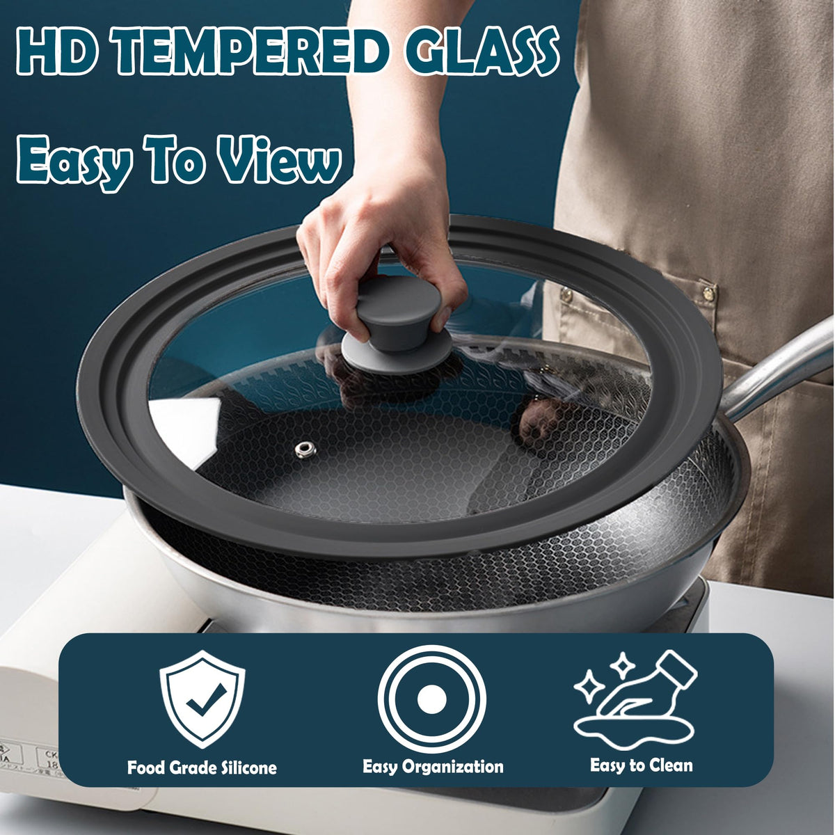 BERHT universal lid rim and handle demonstrating heat resistance up to 450°F.