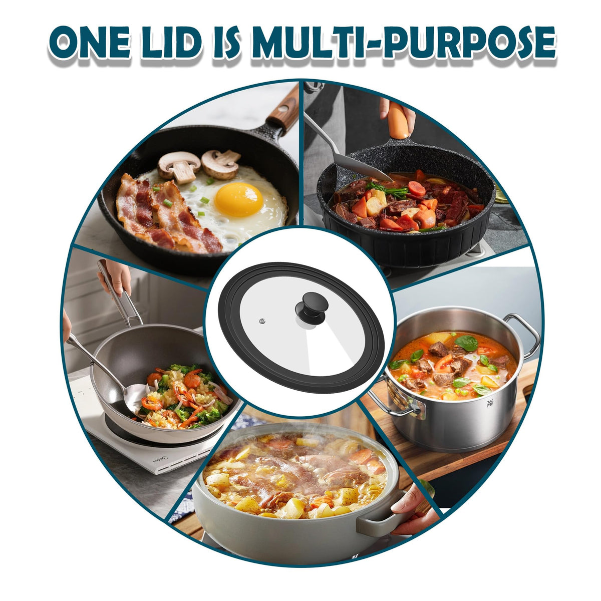 BERHT universal lid stored flat in a kitchen cabinet saves space.