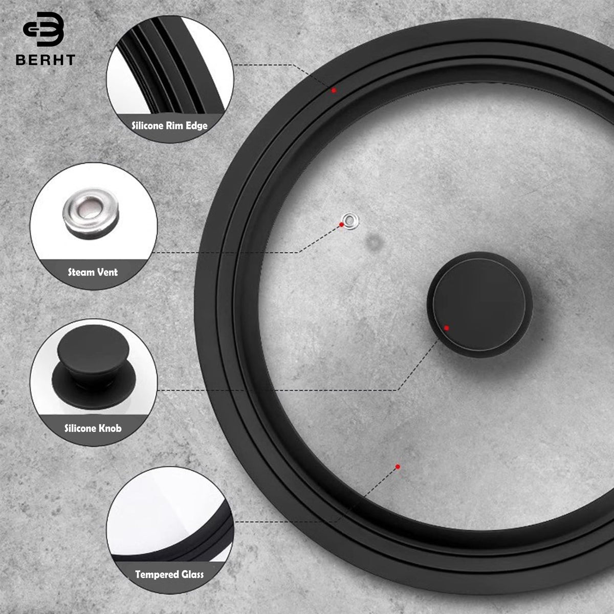 BERHT universal lid close-up highlighting tempered glass and heat-resistant silicone ring.