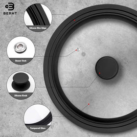 BERHT universal lid close-up highlighting tempered glass and heat-resistant silicone ring.