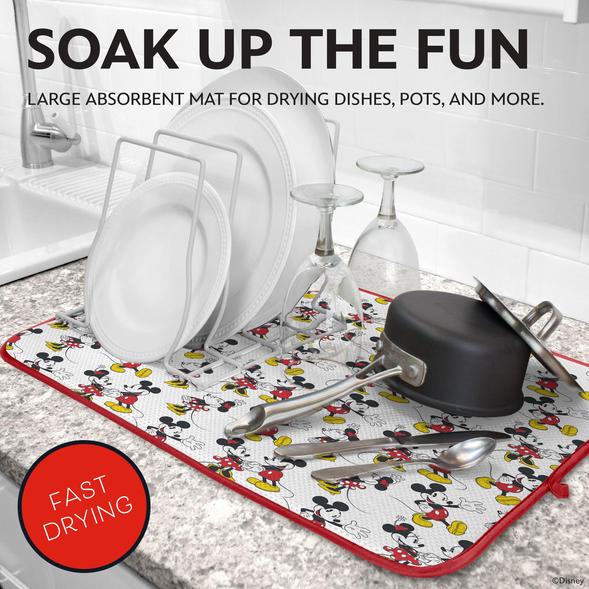 Best Brands Disney dish drying mats 2-pack Mickey and Minnie characters protect surfaces