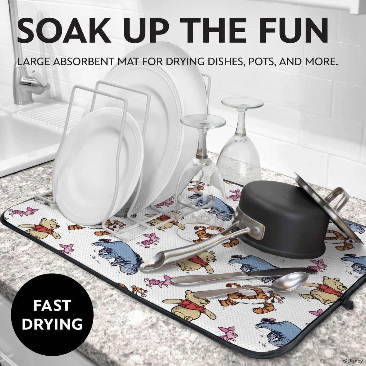 Best Brands Disney dish drying mats Pooh design on a counter for fresh kitchen air