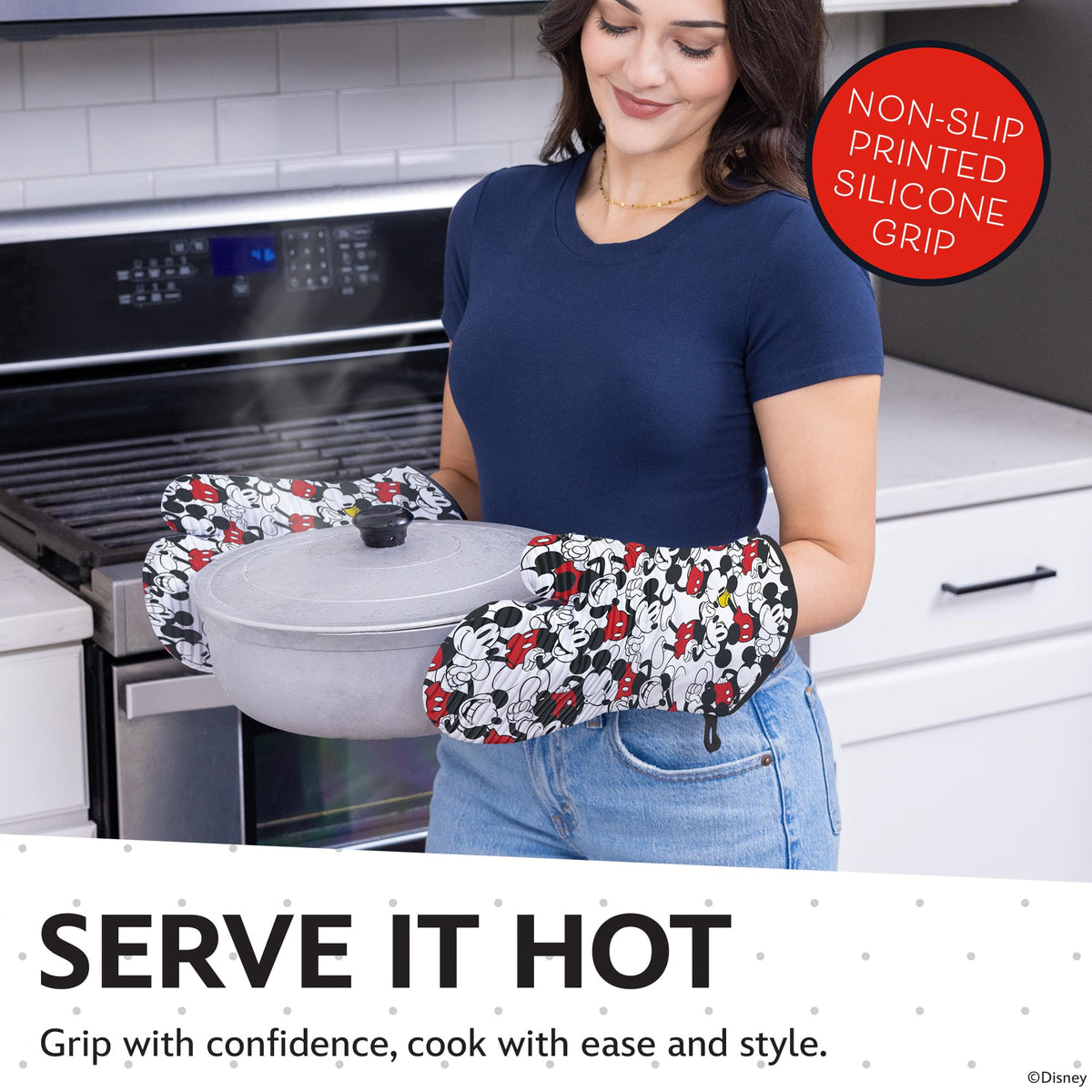 Long Mickey design mitt for stylish protection during cooking and baking.