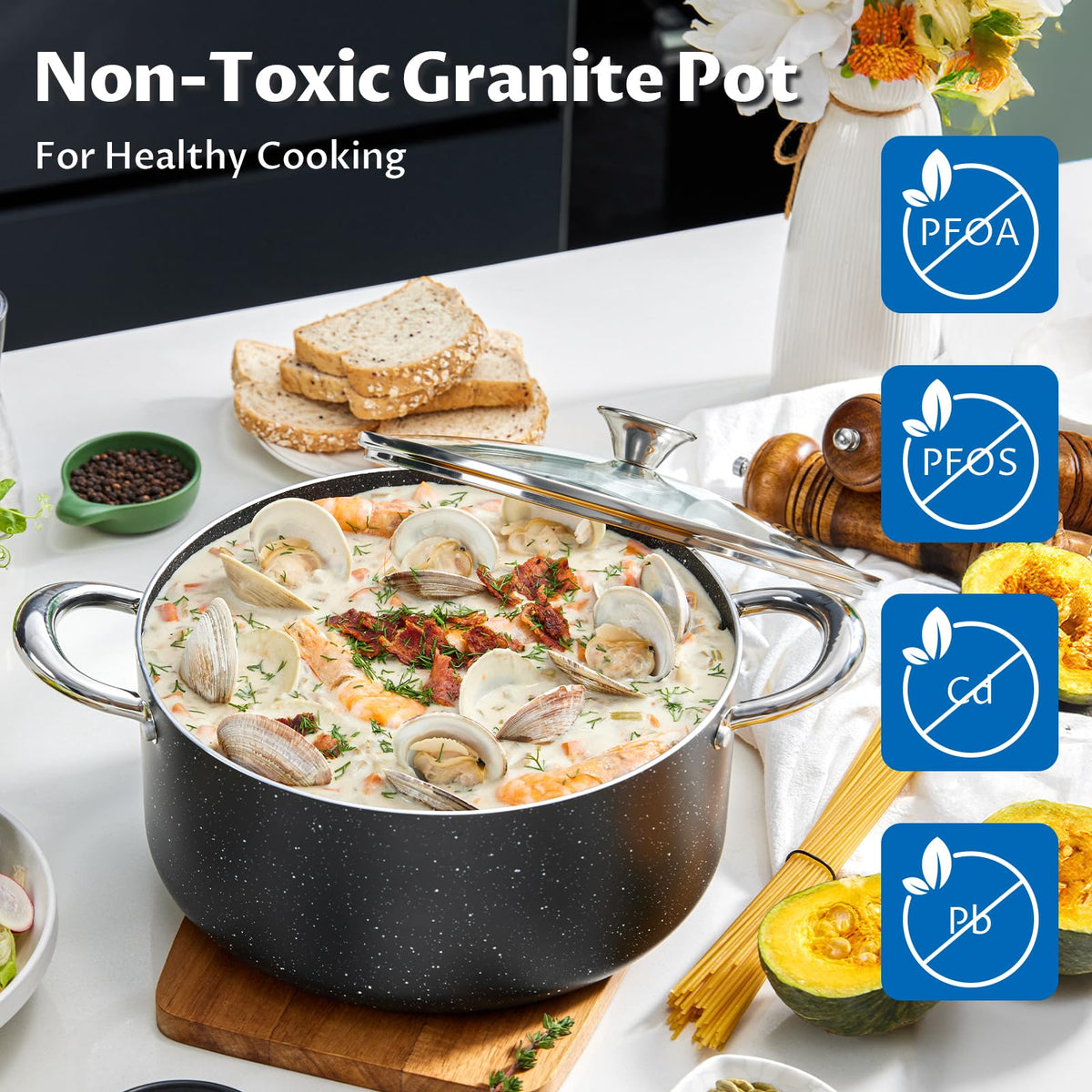 BEZIA stock pot interior view highlights durable nonstick for easy release