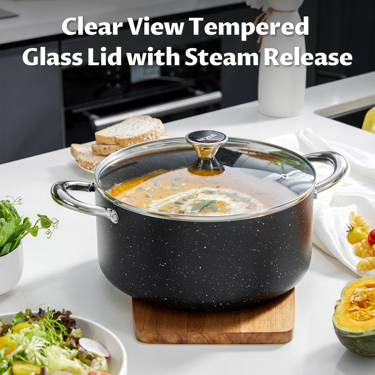 BEZIA stock pot nonstick coating enables effortless cleanup after cooking