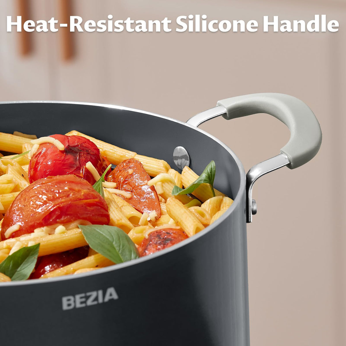 BEZIA silicone handles stay cool for safe pot transfers