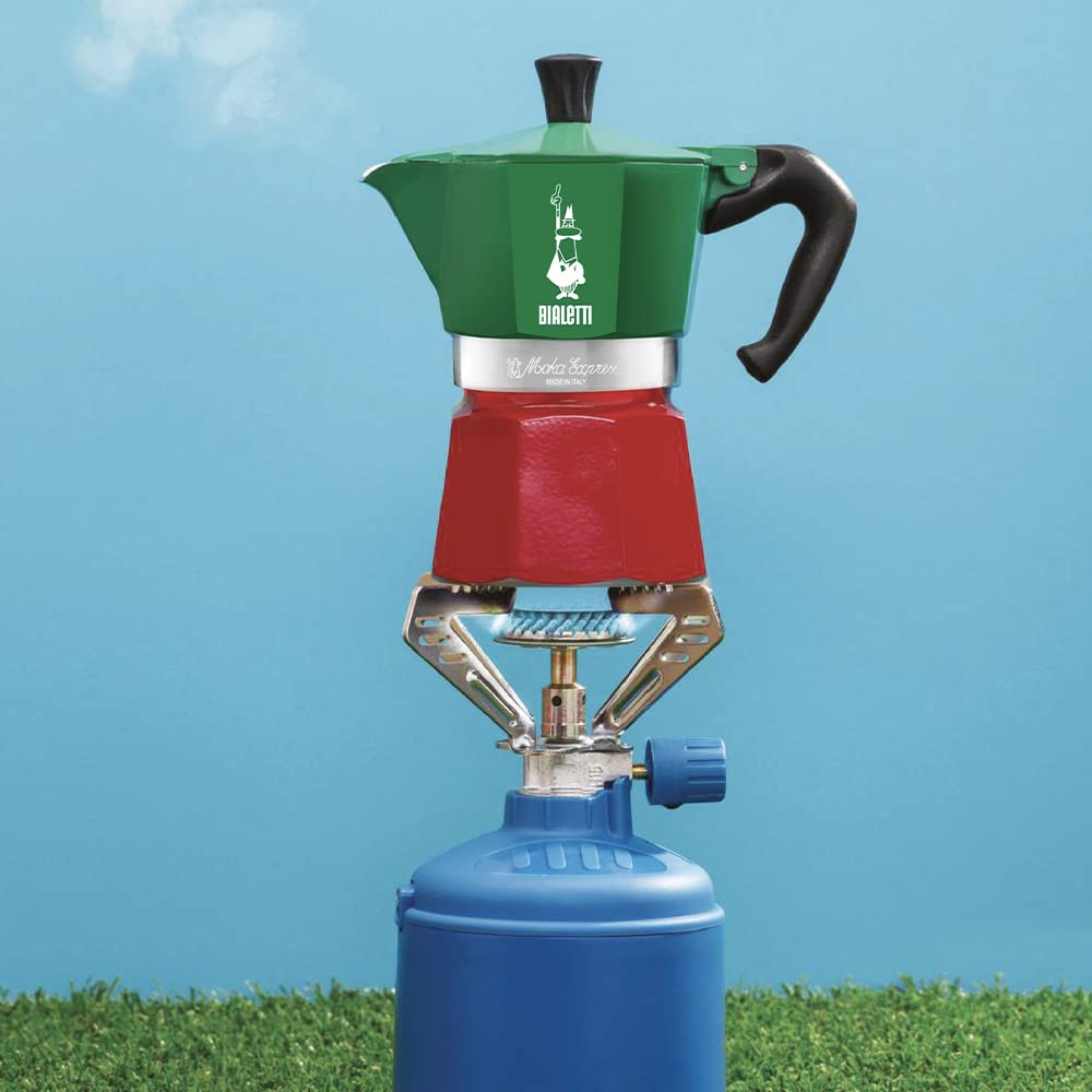 Bialetti Moka Express 3-cup green compact design for portable mornings.