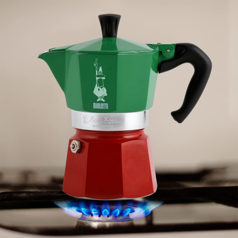 Bialetti Moka Express Italia red-on-stovetop pot brewing quick cups of real Italian coffee