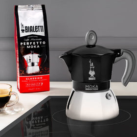 Stainless steel boiler of Bialetti Moka Induction highlights induction compatibility