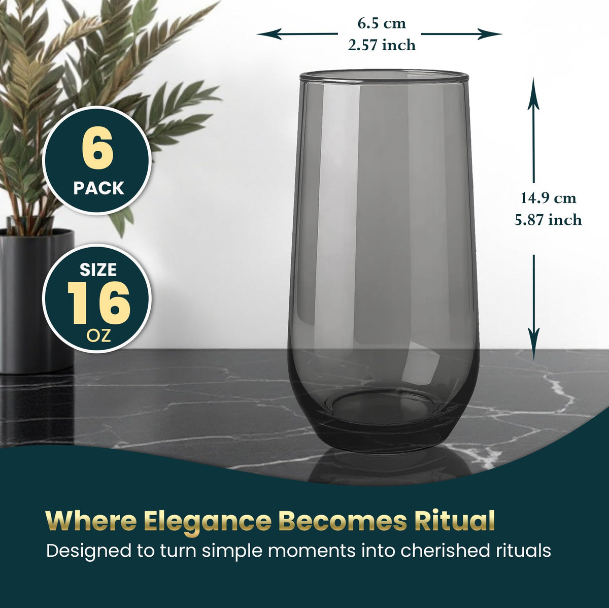 Biandeco grey drinking glasses set of six for everyday hydration and entertaining.