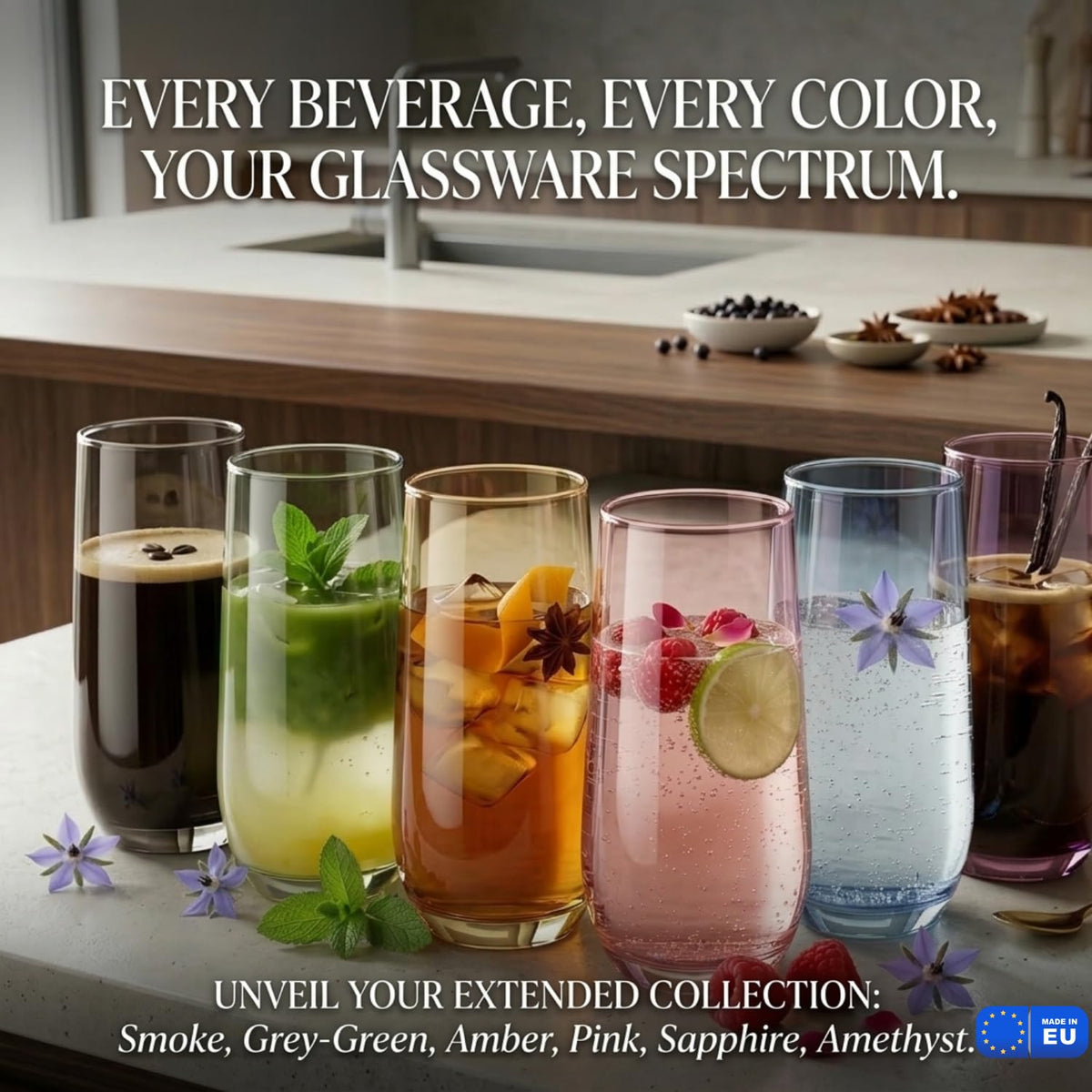 Biandeco glassware suited for hot and cold beverages.