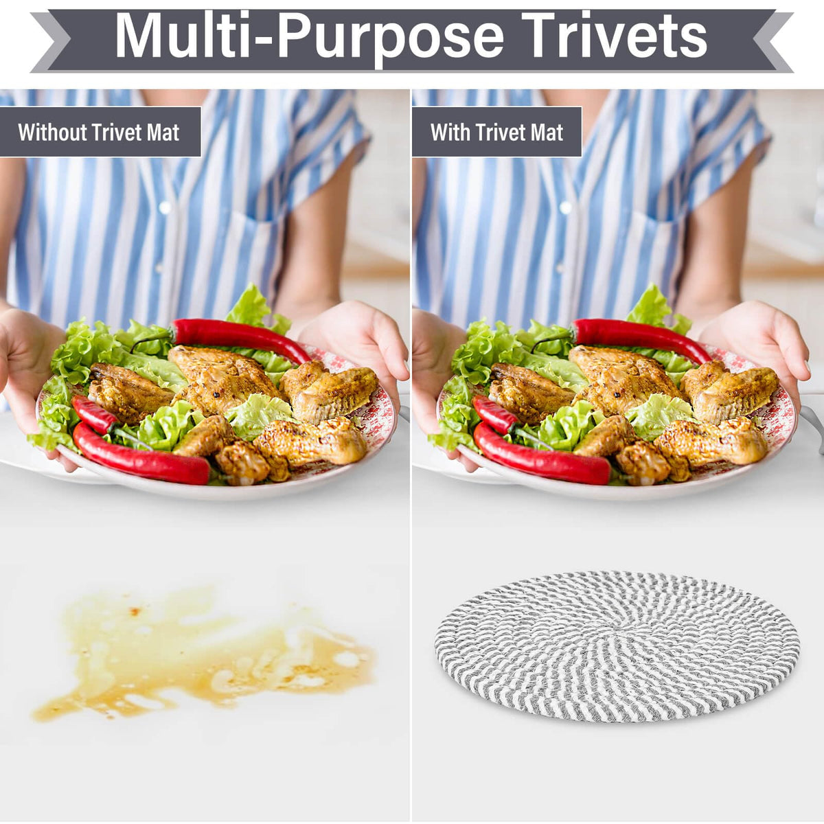 Farmhouse Boho kitchen decor with Billbotk trivets.