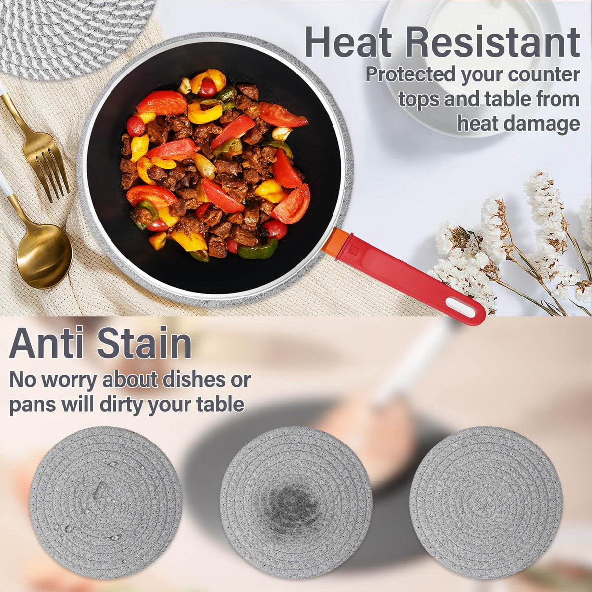Trivets in use under a hot dish to shield countertops.