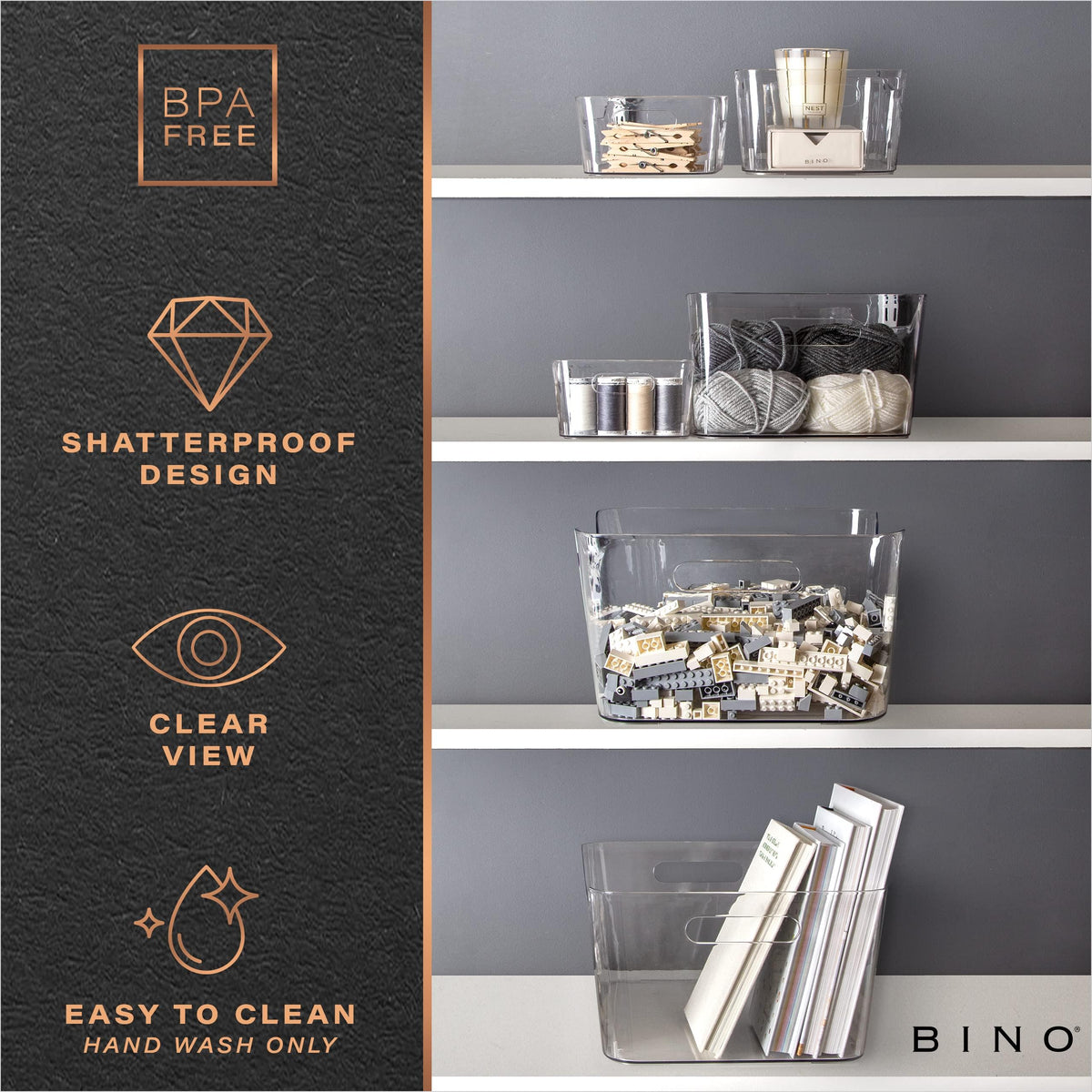 BINO bathroom organization bin transparent to declutter countertops.