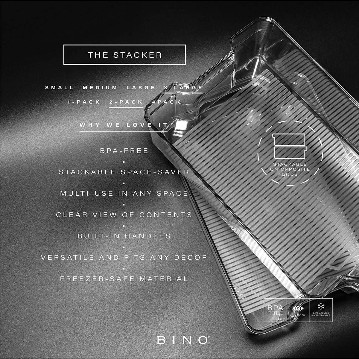 BINO clear plastic bin with built-in handle for easy lifting.