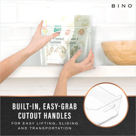 BINO fridge organizer bin with side handles for easy sliding and access.