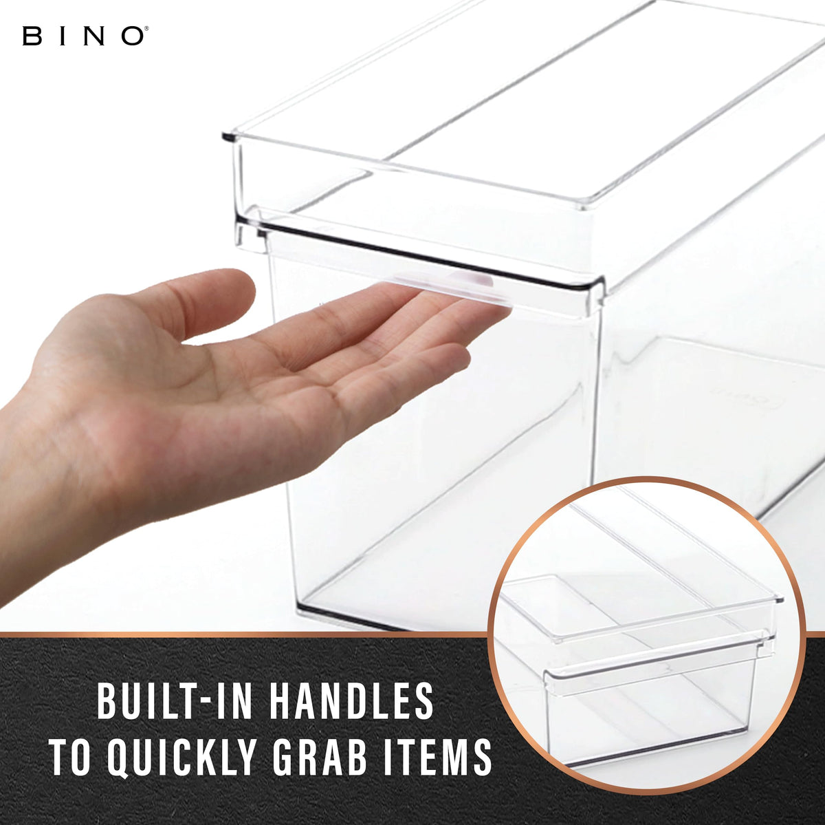 BINO clear fridge organizer bin showing stackable design for efficient refrigerated storage.