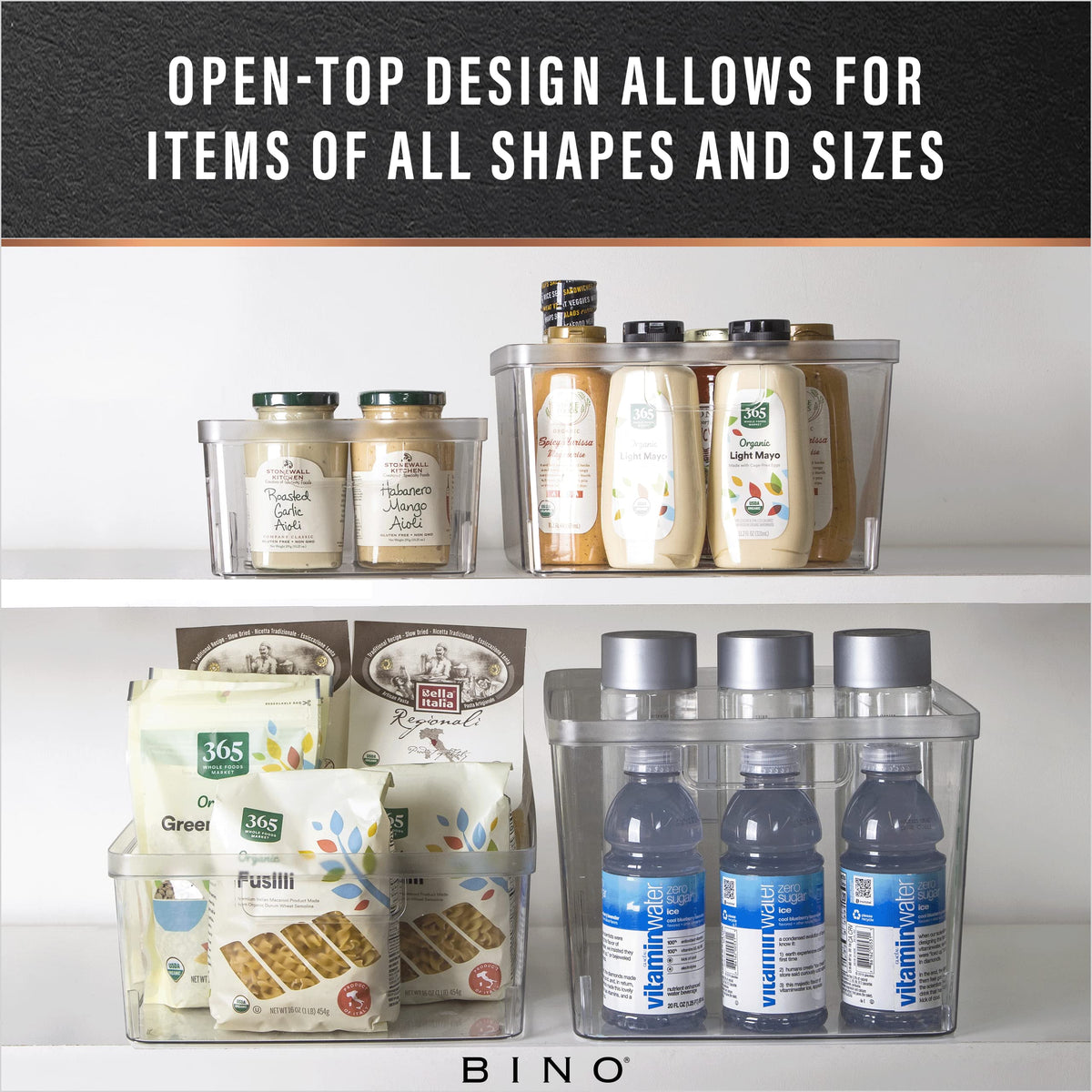 BINO Lucid bin with raised bottom eases sliding on shelves