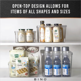 BINO Lucid bin with raised bottom eases sliding on shelves